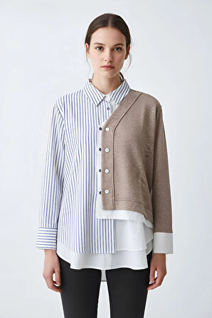 Triko Garnili Düğmeli Geniş Oversize Çizgili Düz Karışımlı Şık Gömlek