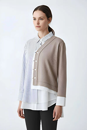 Triko Garnili Düğmeli Geniş Oversize Çizgili Düz Karışımlı Şık Gömlek