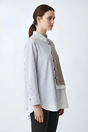 Triko Garnili Düğmeli Geniş Oversize Çizgili Düz Karışımlı Şık Gömlek