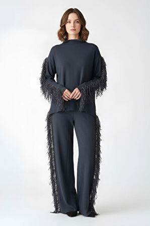 Boncuklu Pullu Püsküllü Yarım Balıkçı Yaka Alt Üst Şık Tasarım Takım