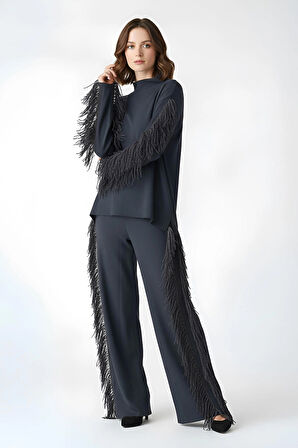 Boncuklu Pullu Püsküllü Yarım Balıkçı Yaka Alt Üst Şık Tasarım Takım