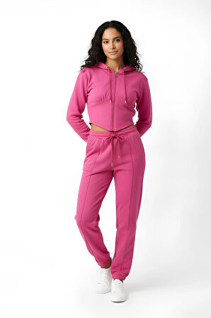 Şardonlu Crop Alt Üst Fermuarlı Lastik Paça Uzun Kol Kapüşonlu Eşofman Takımı
