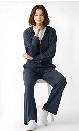 Ekstra Yumuşak Kumaş Kapüşonlu Kordonlu Fermuarlı Geniş Paçalı Şık Günlük Antrasit Takım