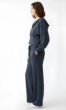 Ekstra Yumuşak Kumaş Kapüşonlu Kordonlu Fermuarlı Geniş Paçalı Şık Günlük Antrasit Takım