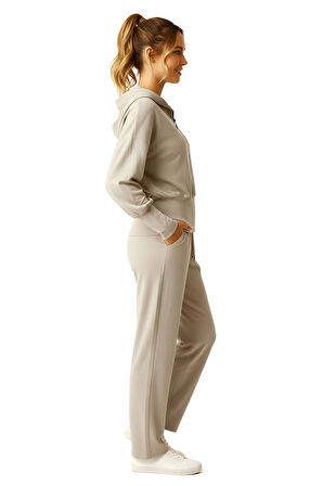 Ekstra Yumuşak Kumaş Kapüşonlu Kordonlu Fermuarlı Geniş Paçalı Şık Günlük Bej Takım