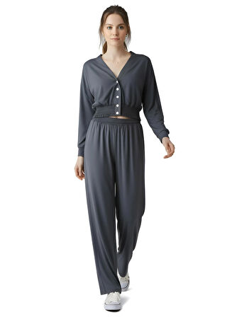 Beli Lastikli V Yaka Çıtçıtlı Ekstra Yumuşak Kumaş Antrasit Koyu Gri Şık Gipeli Eşofman Takım