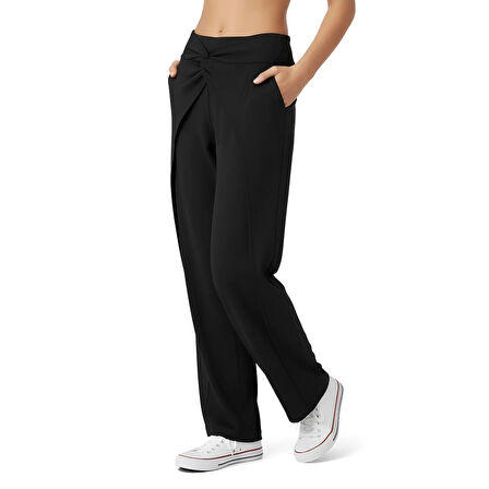 Kadın Siyah Belde Düğüm Detaylı Yüksek Bel Geniş Paça Pantolon