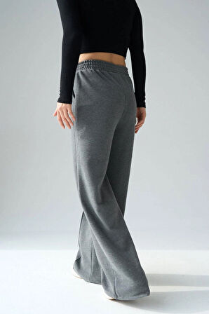 Kadın Antrasit Yüksek Bel Geniş Paça Örme Selanik Kumaş Eşofman Altı