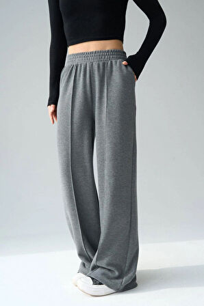 Kadın Antrasit Yüksek Bel Geniş Paça Örme Selanik Kumaş Eşofman Altı