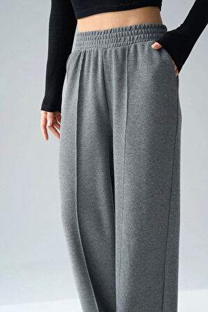 Kadın Antrasit Yüksek Bel Geniş Paça Örme Selanik Kumaş Eşofman Altı