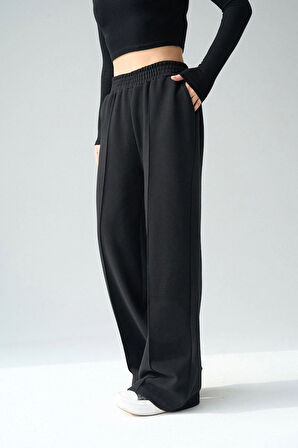 Kadın Siyah Yüksek Bel Geniş Paça Selanik Kumaş Eşofman Altı