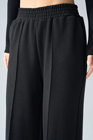 Kadın Siyah Yüksek Bel Geniş Paça Selanik Kumaş Eşofman Altı