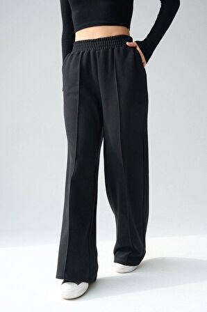 Kadın Siyah Yüksek Bel Geniş Paça Selanik Kumaş Eşofman Altı