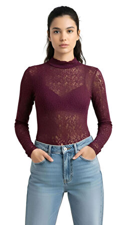 Kadın Bordo Uzun Kollu Yarım Balıkçı Yaka Body