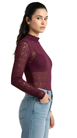 Kadın Bordo Uzun Kollu Yarım Balıkçı Yaka Body