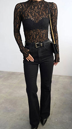 Kadın Siyah Uzun Kollu Yarım Balıkçı Yaka Bluz