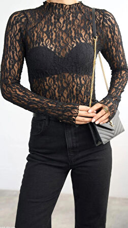 Kadın Siyah Uzun Kollu Yarım Balıkçı Yaka Bluz