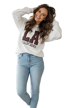 Ekru LA California Kürk Nakışlı Şardonlu Oversize Bisiklet Yaka Sweatshirt