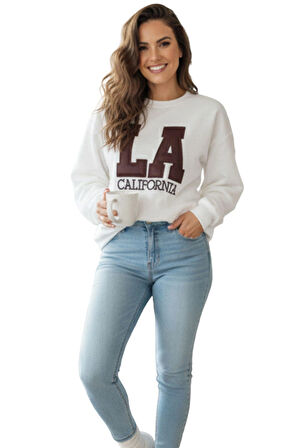 Ekru LA California Kürk Nakışlı Şardonlu Oversize Bisiklet Yaka Sweatshirt