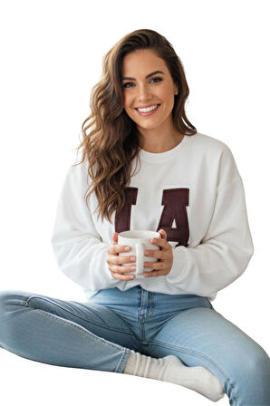 Ekru LA California Kürk Nakışlı Şardonlu Oversize Bisiklet Yaka Sweatshirt