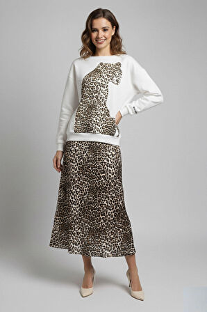 Kahverengi Leopar Desenli Dar Kalıp Yüksek Bel A Kesim Etek