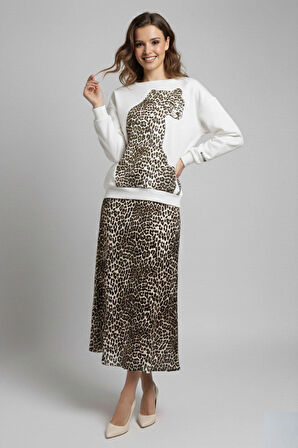 Kahverengi Leopar Desenli Dar Kalıp Yüksek Bel A Kesim Etek