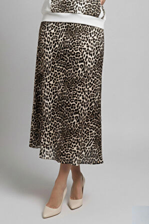 Kahverengi Leopar Desenli Dar Kalıp Yüksek Bel A Kesim Etek