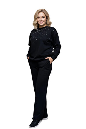 Siyah Parlak Geniş Kalıp Kristal Taşlı Bisiklet Yaka Sweatshirt ve Düz Paça Eşofman Altı Takımı