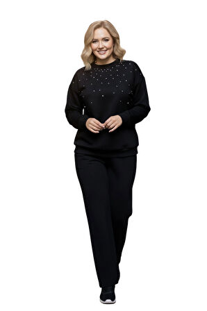Siyah Parlak Geniş Kalıp Kristal Taşlı Bisiklet Yaka Sweatshirt ve Düz Paça Eşofman Altı Takımı