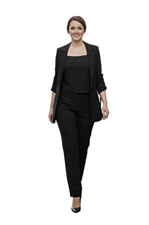 Siyah İpek Görünümlü Kolları Büzgü Yanlı Ceket, Yüksek Bel Dar Kalıp Pantolon ve Crop Top Üçlü Takım