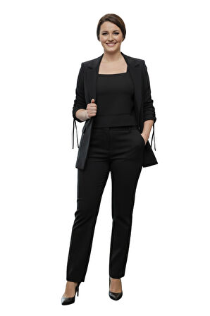 Siyah İpek Görünümlü Kolları Büzgü Yanlı Ceket, Yüksek Bel Dar Kalıp Pantolon ve Crop Top Üçlü Takım