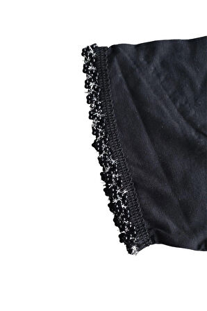 Siyah Kol Ucu Parlak Taş Boncuk Detaylı Bisiklet Yaka Dar Kalıp T-Shirt