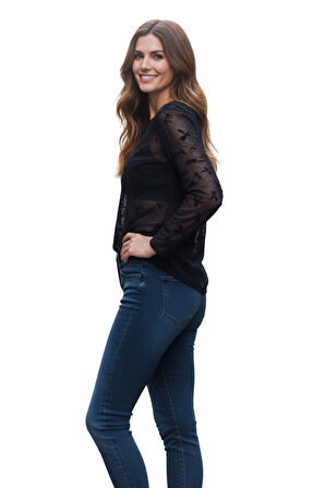 Siyah Fiyonk Desenli Uzun Kollu Transparan Dar Tül Bluz