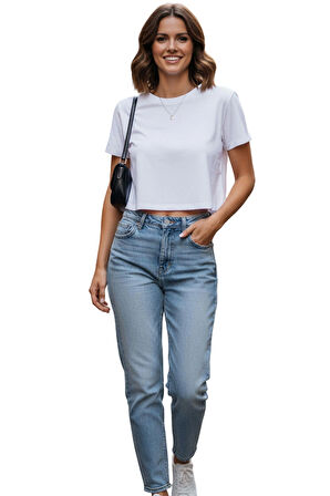 Beyaz Bisiklet Yaka Basic Kısa Kollu Crop T-Shirt