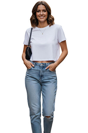 Beyaz Bisiklet Yaka Basic Kısa Kollu Crop T-Shirt