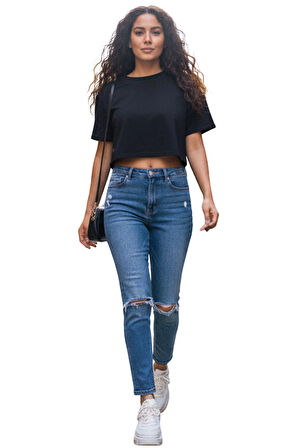 Siyah Bisiklet Yaka Basic Kısa Kollu Crop T-Shirt