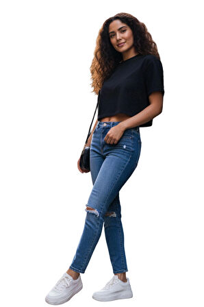 Siyah Bisiklet Yaka Basic Kısa Kollu Crop T-Shirt