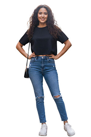 Siyah Bisiklet Yaka Basic Kısa Kollu Crop T-Shirt