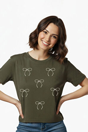 Fiyonk Desenli İnci İşlemeli Normal Kalıp Haki Basic T-Shirt