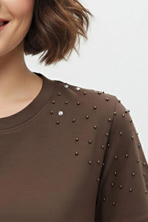 İnci İşlemeli Normal Kalıp Kahverengi Basic T-Shirt