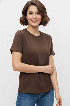 İnci İşlemeli Normal Kalıp Kahverengi Basic T-Shirt
