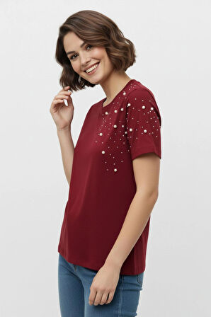 İnci İşlemeli Normal Kalıp Bordo Basic T-Shirt