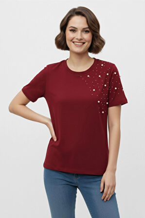 İnci İşlemeli Normal Kalıp Bordo Basic T-Shirt