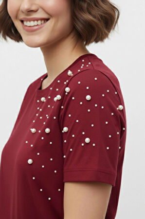 İnci İşlemeli Normal Kalıp Bordo Basic T-Shirt
