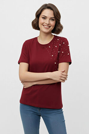 İnci İşlemeli Normal Kalıp Bordo Basic T-Shirt