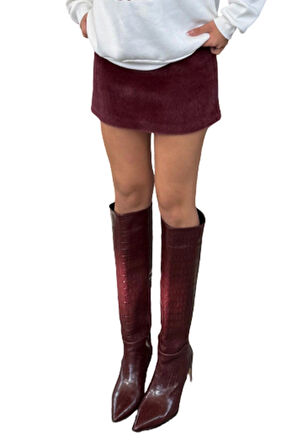 Bordo Tüylü Astarlı Kürk Örme Mini Çan Etek