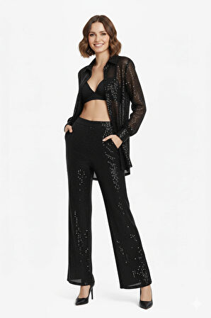 Pul Payet İşlemeli Parlak Tül Gömlek Astarlı Pantolon Takım