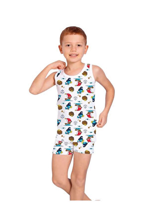 ELM Beyaz Papağan Desenli Erkek Çocuk Atlet Boxer Takımı 7054