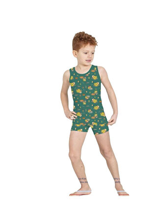 ELM Yeşil İş Makineleri Desenli Erkek Çocuk Atlet Boxer Takımı 7055