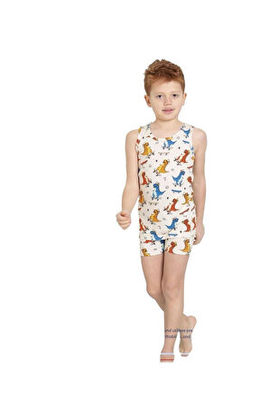 ELM Ekru Dinazor Desenli Erkek Çocuk Atlet Boxer Takımı 7057